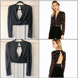 Stunning Express Puff-Shoulder V-Front Open-Back Long-Sleeve Crop Blouse XXS